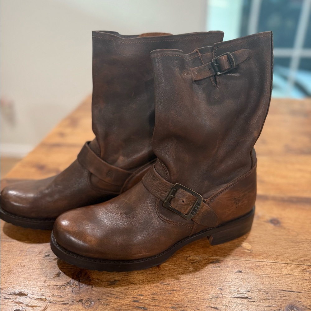 Frye Dark Brown Leather Moto Boots